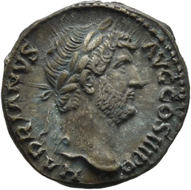 RIC II Hadrian 264d Hadrian obverse, Kopf des Hadrianus mit Lorbeerkranz nach r.