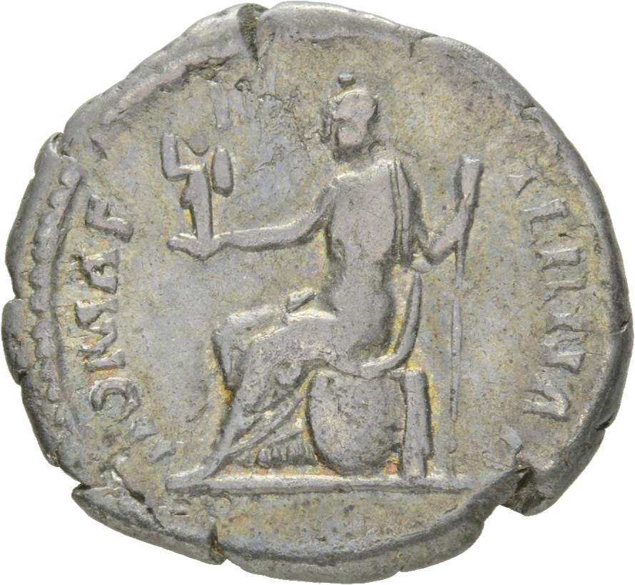 RIC II Hadrian 265d Hadrian reverse, Roma thront nach l., in der l. Hand ein Zepter und auf der r. Hand eine Figur der Vic...