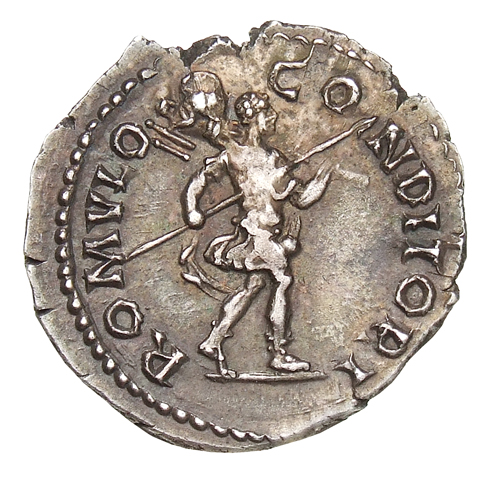 RIC II Hadrian 266d Hadrian reverse, Romulus schreitet nach r., im r. Arm einen Speer, über der l. Schulter ein Siegesmal ...