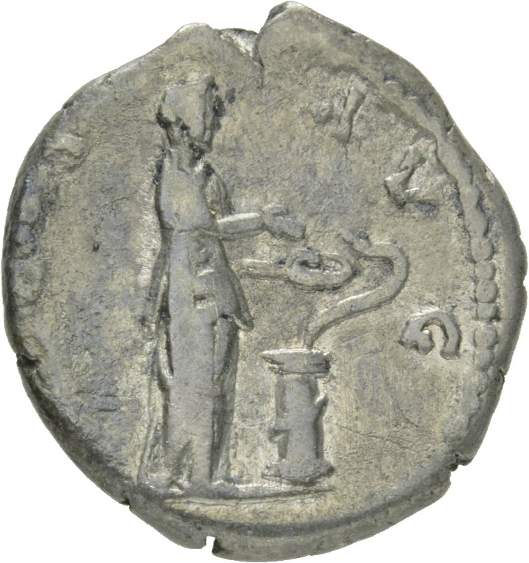 RIC II Hadrian 267a Hadrian reverse, Salus steht nach r. Sie hält in der r. Hand eine Schale (patera) und füttert eine Sch...