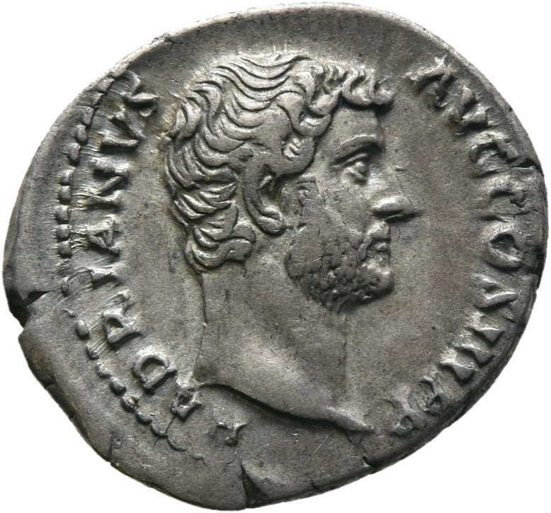 RIC II Hadrian 268a Hadrian obverse, Bärtiger Kopf des Hadrian n. r. Perlkreis.