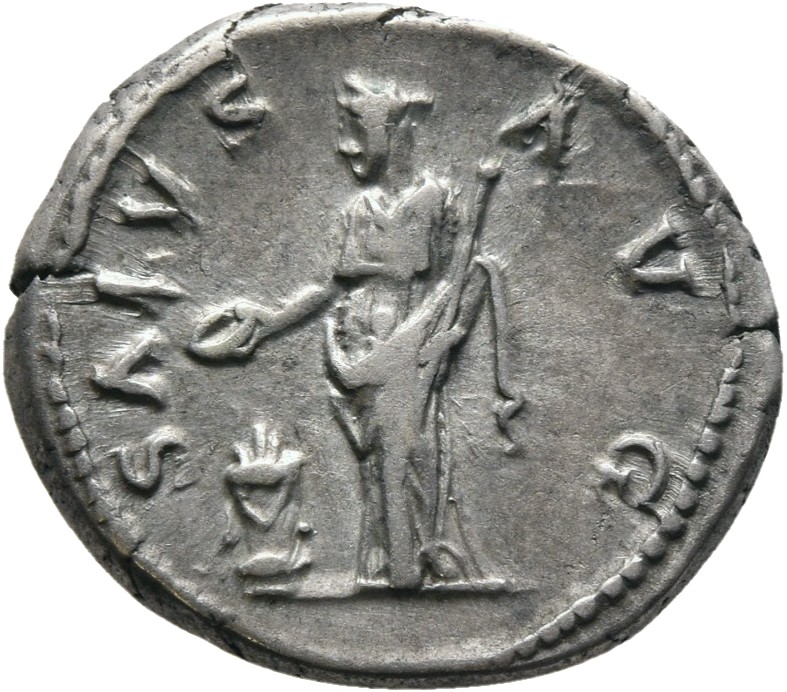 RIC II Hadrian 268a Hadrian reverse, Salus stehend n. l., aus einer Schale (patera) über einem brennenden Altar opfernd, i...