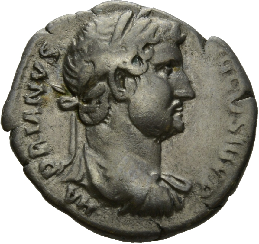RIC II Hadrian 276c Hadrian obverse, Drapierte Büste des Hadrianus mit Lorbeerkranz in der Rückenansicht nach r.