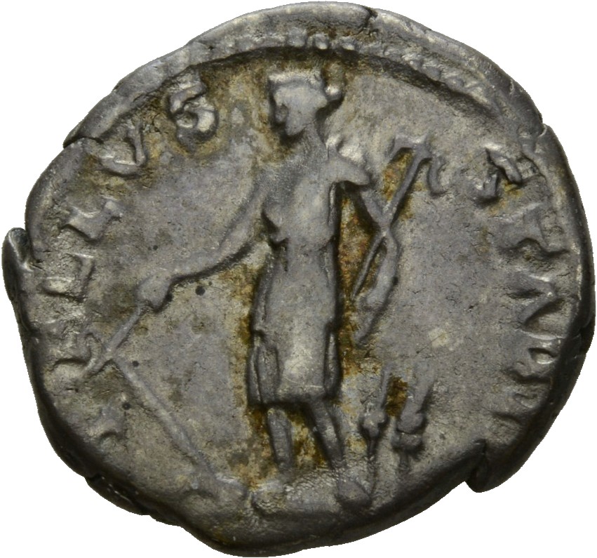 RIC II Hadrian 276c Hadrian reverse, Tellus steht in der Vorderansicht, den Kopf nach l., in der r. Hand Pflug und in der ...