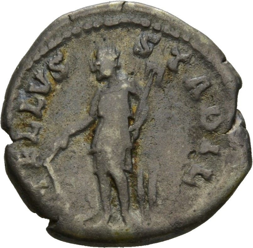 RIC II Hadrian 276d Hadrian reverse, Tellus steht in der Vorderansicht, den Kopf nach l., in der r. Hand Pflug, in der l. ...