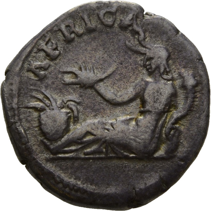 RIC II Hadrian 299d Hadrian reverse, Africa mit Elefantenhautkappe lagert nach l. Sie hält in der r. Hand einen Skorpion u...