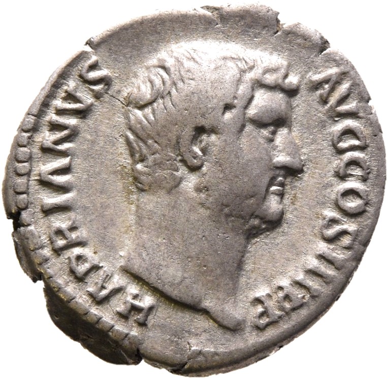 RIC II Hadrian 303a Hadrian obverse, Barhäuptiger Kopf des Hadrianus n. r. Perlkreis.