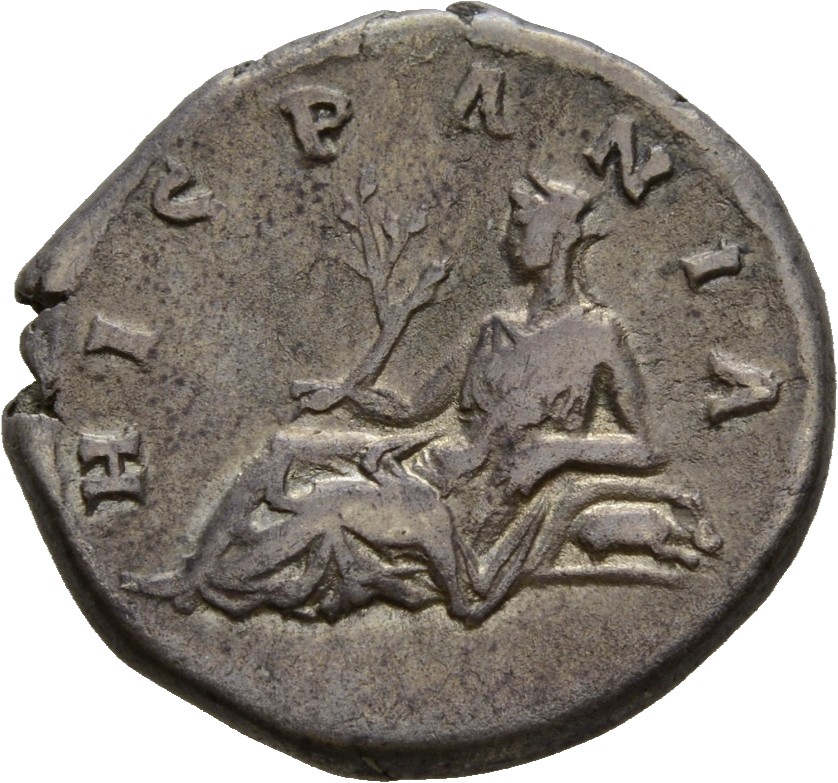 RIC II Hadrian 306a Hadrian reverse, Hispania lagert nach l., in der r. Hand Zweig. Stützt l. Arm auf Felsen, r. ein Kanin...