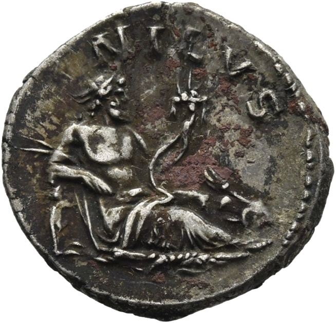 RIC II Hadrian 310a Hadrian reverse, Nilus lagert nach r. mit Schilfhalmen in seiner r. Hand und einem Füllhorn (cornucopi...
