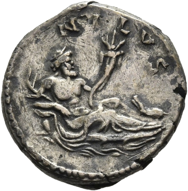 RIC II Hadrian 310a Hadrian reverse, Nilus lagert nach r. mit Schilfhalmen in seiner r. Hand und einem Füllhorn (cornucopi...