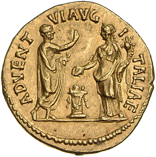 RIC II Hadrian 320h Hadrian reverse, Hadrianus, l., in der Toga steht nach r. Seine r. Hand ist erhoben und in der l. Hand...