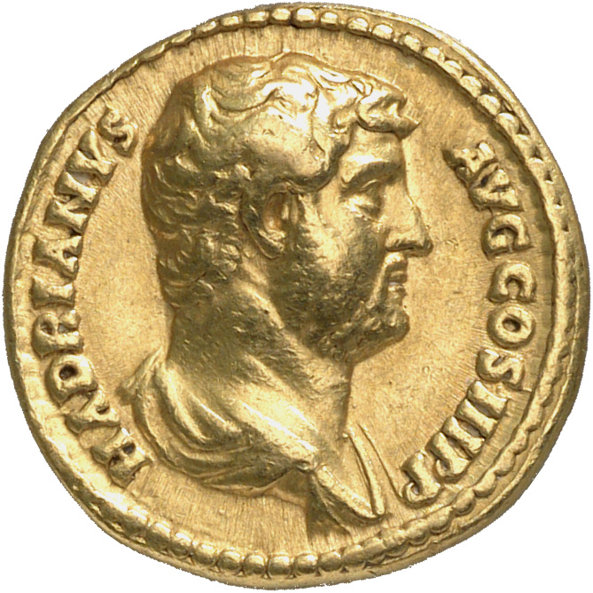 RIC II Hadrian 321c Hadrian obverse, Drapierte Büste des Hadrianus in der Rückenansicht nach r.