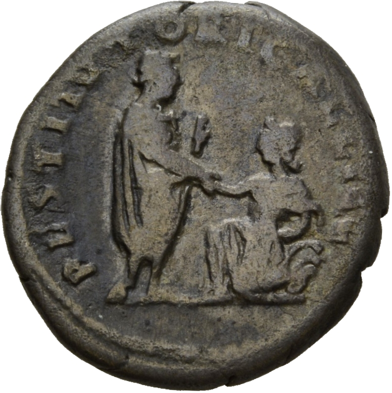 RIC II Hadrian 324d Hadrian reverse, Hadrianus in Toga steht nach r., in der l. Hand Schriftrolle und hilft vor ihm kniend...
