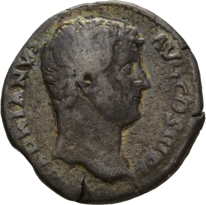 RIC II Hadrian 327a (denarius) Hadrian obverse, Kopf des Hadrianus nach r.
