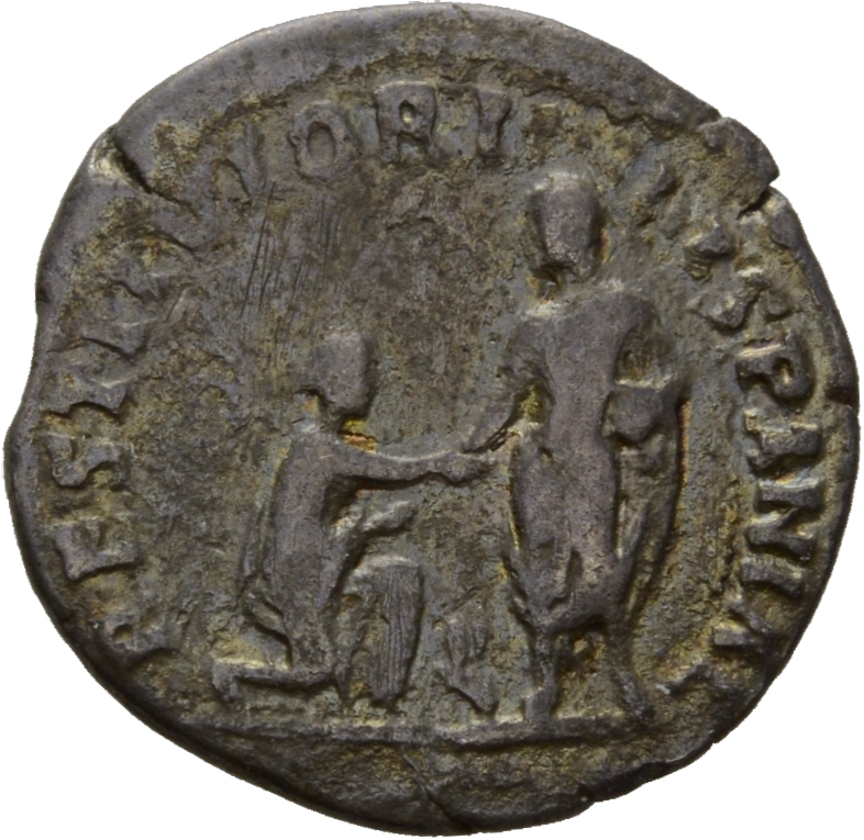 RIC II Hadrian 327a (denarius) Hadrian reverse, Hadrianus in Toga steht nach l., in der l. Hand Schriftrolle. Er hilft der...