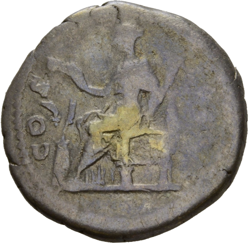 RIC II Hadrian 338 Hadrian reverse, Abudentia sitzt nach l. Sie hält im l. Arm ein Füllhorn (cornucopiae), l. steht ein Ko...