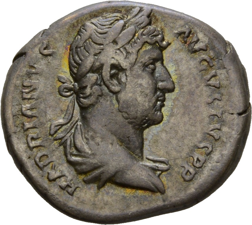 RIC II Hadrian 362e Hadrian obverse, Drapierte Büste des Hadrianus mit Lorbeerkranz in der Rückenansicht nach r.