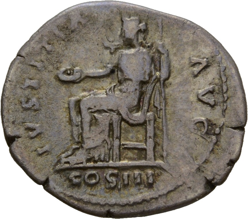 RIC II Hadrian 362e Hadrian reverse, Iustitia sitzt nach l. Sie hält in der r. Hand Schale (patera) und im l. Arm Zepter.