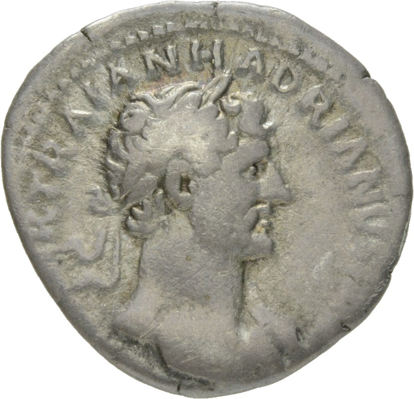 RIC II Hadrian 38 Hadrian obverse, Drapierte Büste des Hadrianus mit Lorbeerkranz in der Brustansicht nach r.