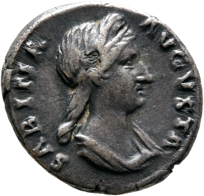 RIC II Hadrian 390 (denarius) Hadrian obverse, Büste der Sabina mit Haarschmuck (stephané) n. r.