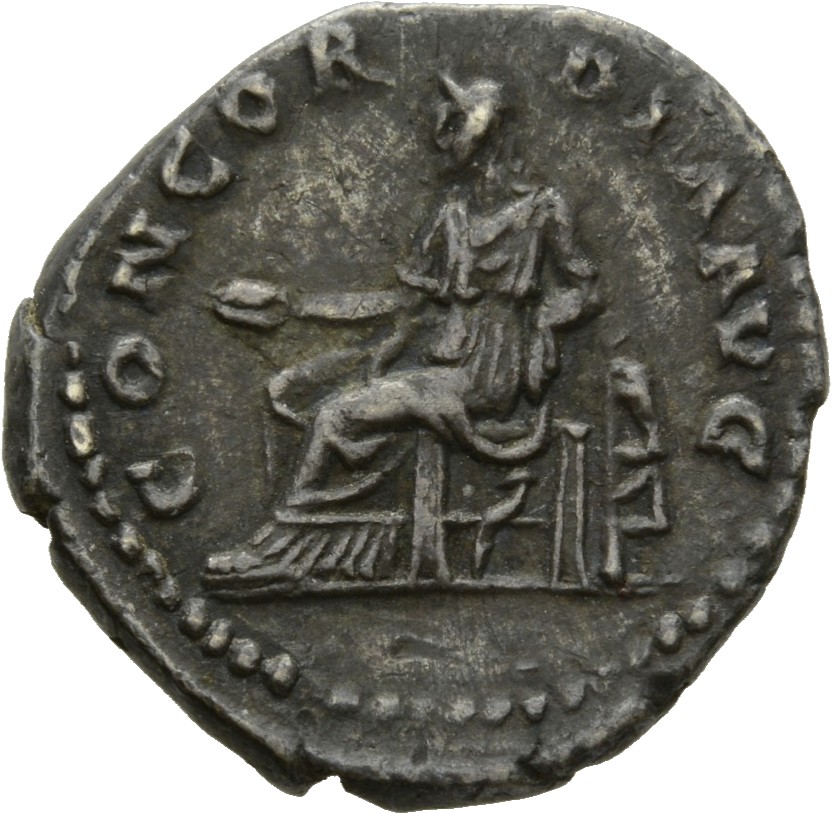 RIC II Hadrian 398 (denarius) Hadrian reverse, Concordia sitzt auf Thron nach l. Hält in der r. Hand Schale (patera) und s...