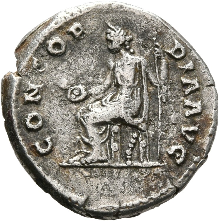 RIC II Hadrian 399A Hadrian reverse, Concordia nach l. sitzend, eine Opferschale (patera) in der r. und ein Zepter in der ...