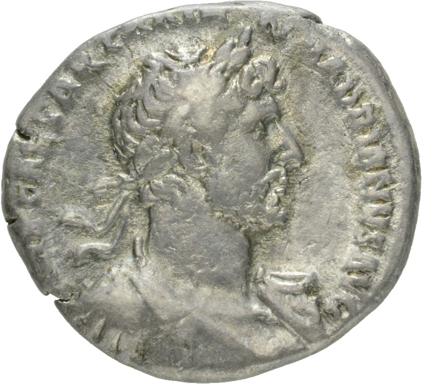 RIC II Hadrian 39A (denarius) Hadrian obverse, Drapierte Panzerbüste des Hadrianus mit Lorbeerkranz in der Brustansicht na...