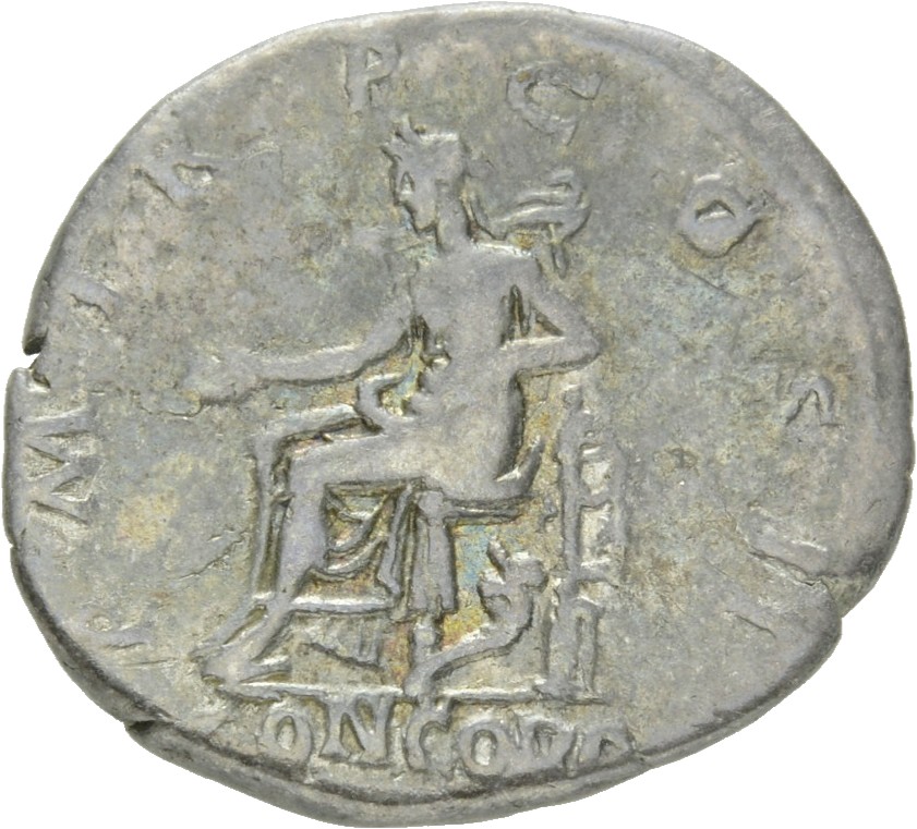 RIC II Hadrian 39A (denarius) Hadrian reverse, Concordia thront nach l. In der r. Hand eine Schale (patera), die l. Hand r...