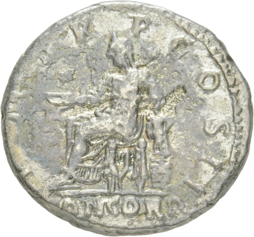 RIC II Hadrian 39B (denarius) Hadrian reverse, Concordia sitzt nach l., hält Schale in ihrer r. Hand und stützt ihren l. A...