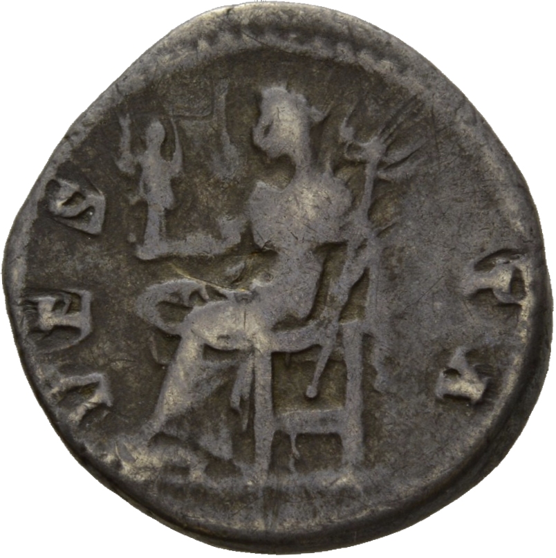 RIC II Hadrian 410 (denarius) Hadrian reverse, Vesta thront nach l. Hält auf der r. Hand eine Minervastatuette (palladium)...
