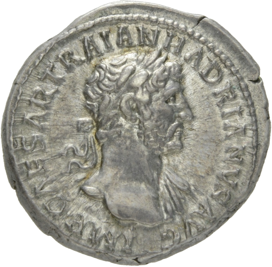 RIC II Hadrian 42a Hadrian obverse, Drapierte Büste des Hadrianus mit Lorbeerkranz in der Brustansicht nach r.