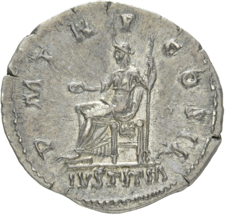 RIC II Hadrian 42a Hadrian reverse, Justitia sitzt nach l. In der r. Hand eine Schale (patera), in der l. Hand ein Zepter.