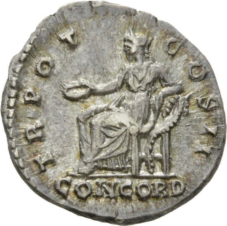 RIC II Hadrian 436a (denarius) Hadrian reverse, Concordia sitz nach l., in der r. Hand Schale (patera), ihr l. Arm ruht au...