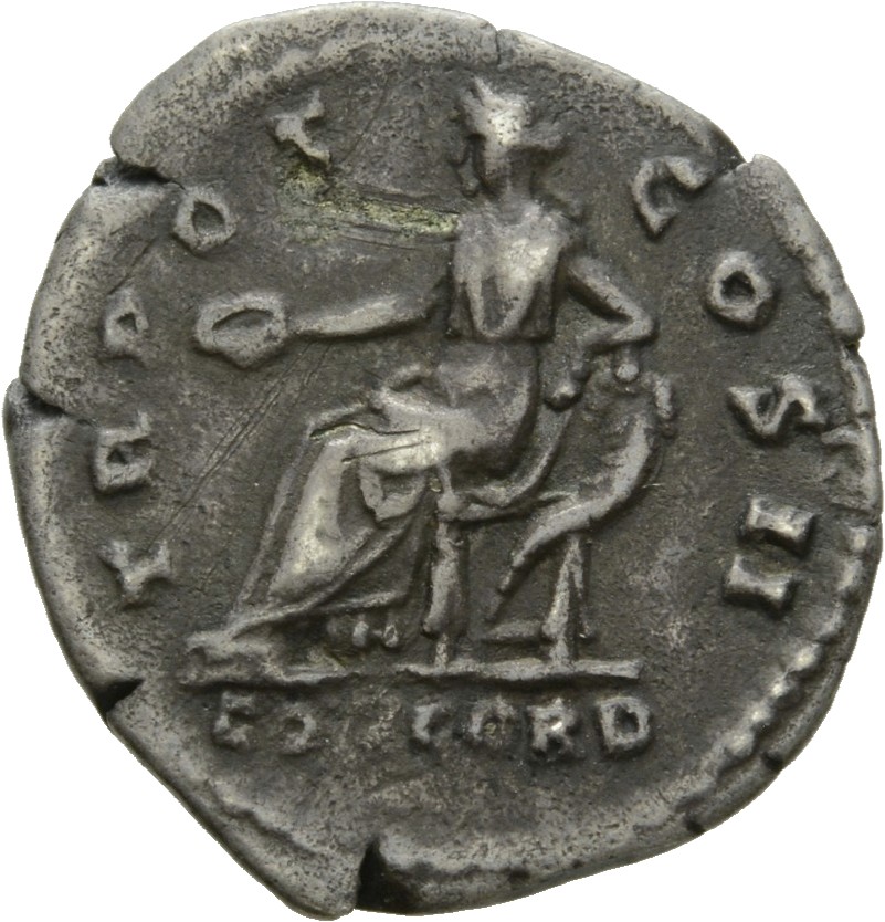 RIC II Hadrian 436c (denarius) Hadrian reverse, Concordia sitz nach l., in der r. Hand Schale (patera), ihr l. Arm ruht au...