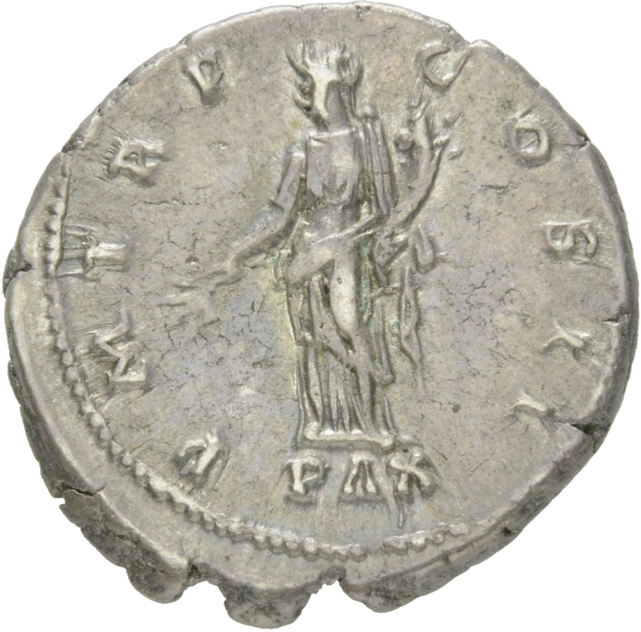 RIC II Hadrian 44a Hadrian reverse, Pax steht in der Voderansicht, den Kopf nach l. In der r. Hand Zweig, im l. Arm Füllho...