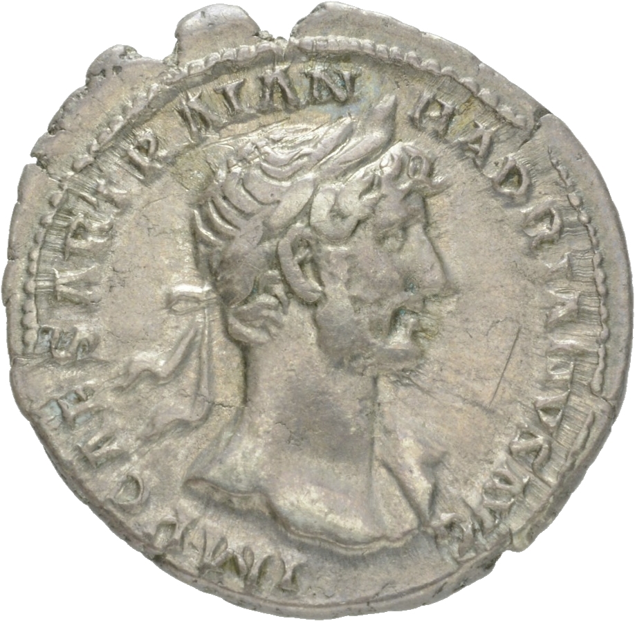 RIC II Hadrian 44a Hadrian obverse, Drapierte Büste des Hadrianus mit Lorbeerkranz in der Brustansicht nach r.