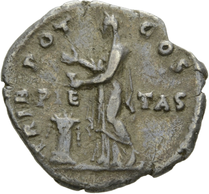 RIC II Hadrian 454A (denarius) Hadrian reverse, Pietas steht nach l. hält r. Hand über Altar, in der l. Hand Kästchen. Bei...