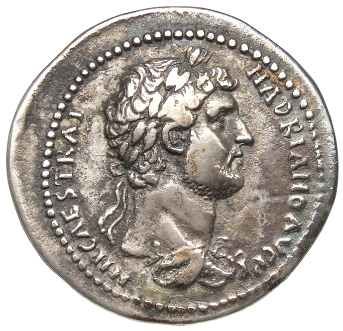 RIC II Hadrian 459C Hadrian obverse, Drapierte Büste des Hadrianus mit Lorbeerkranz nach r.