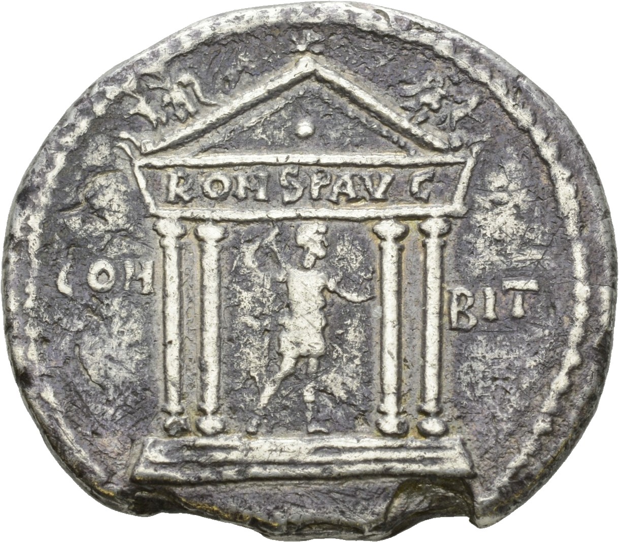 RIC II Hadrian 459C Hadrian reverse, Hadrianus steht in viersäuligem Tempel nach r., in der r. Hand Speer, in der ausgestr...