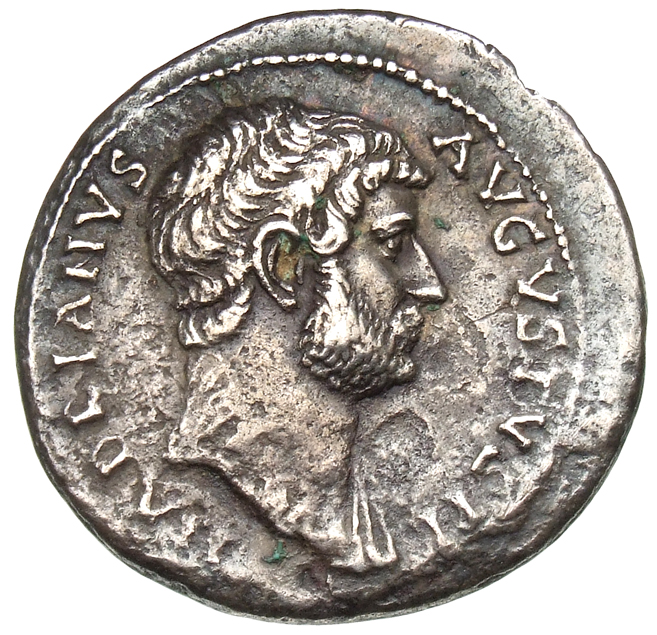 Hadrian obverse — Kopf des Hadrianus nach r. An der l. Schulter drapiert.
