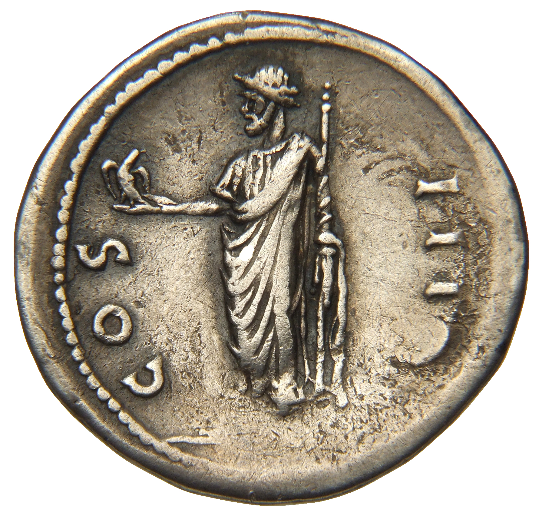 Hadrian reverse — Zeus von Laodikeia steht in der Vorderansicht, den Kopf nach l. gewandt. Auf seiner ausgestreckten r. Hand hält er einen Adler und im l. Arm ein Zepter.