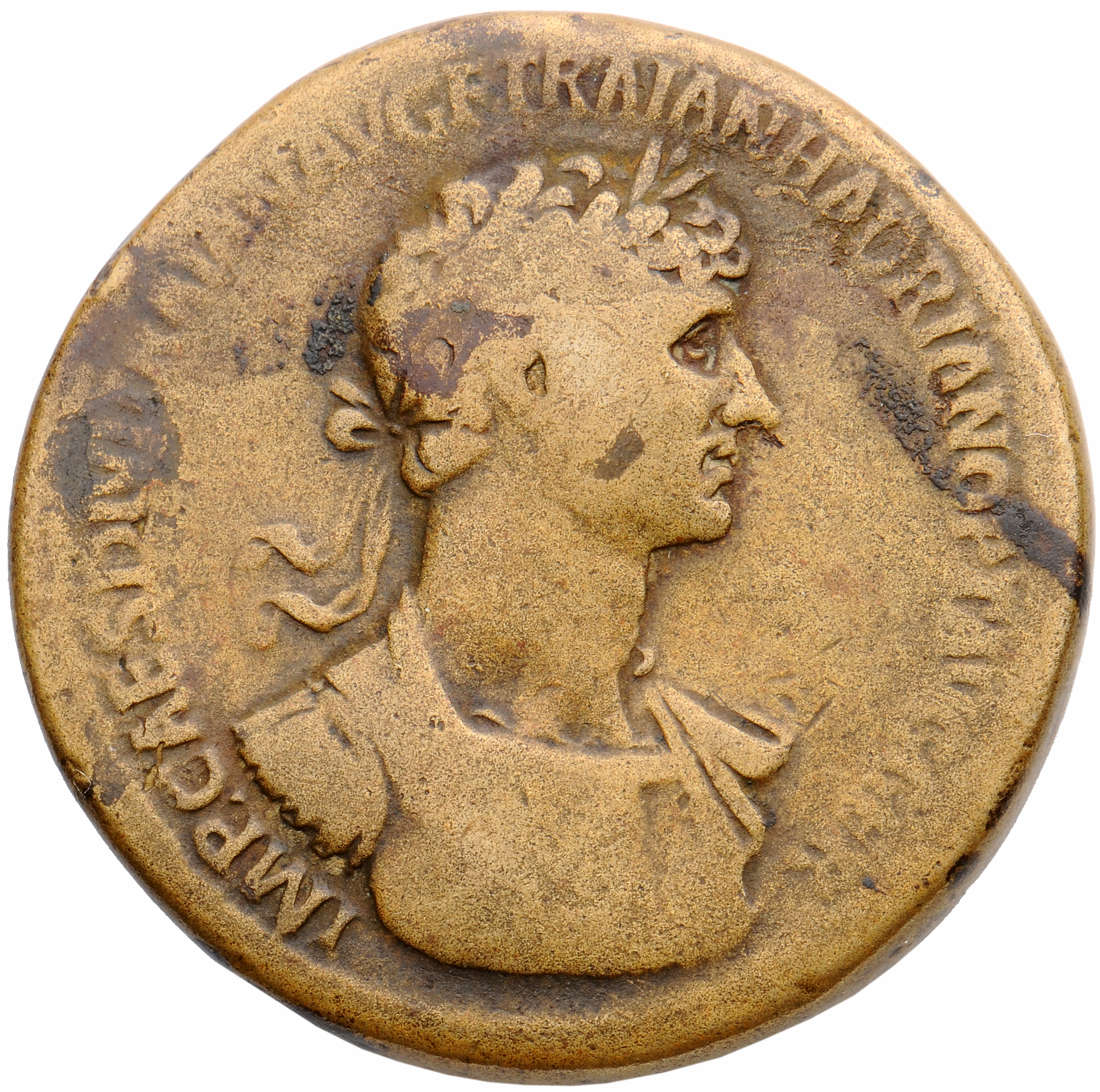 RIC II Hadrian 534A Hadrian obverse, Drapierte Panzerbüste des Hadrian (in der Vorderansicht) n. r., lorbeerbekränzt.
