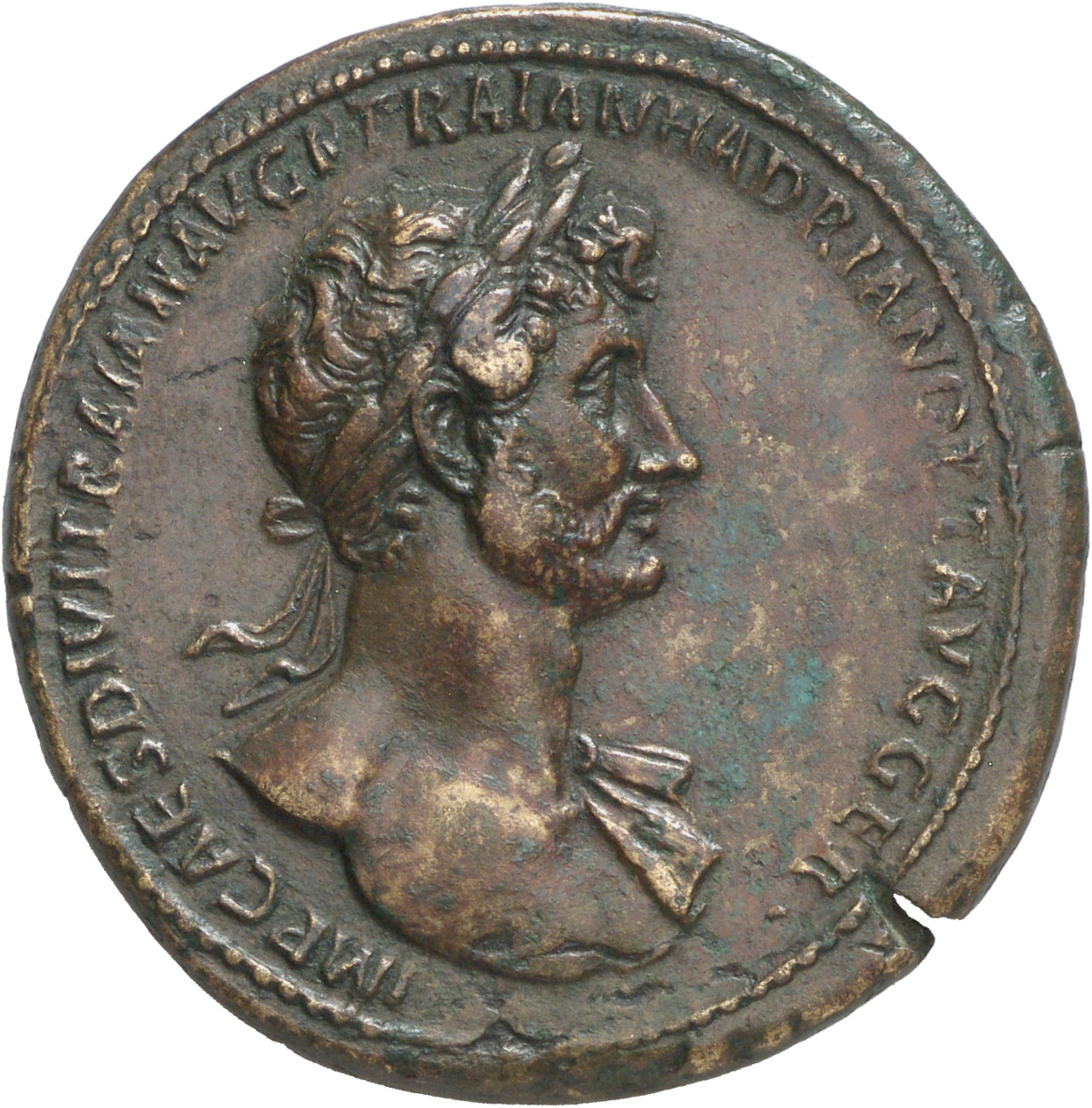 RIC II Hadrian 534B Hadrian obverse, An der l. Schulter drapierte Büste des Hadrianus mit Lorbeerkranz in der Brustansicht...