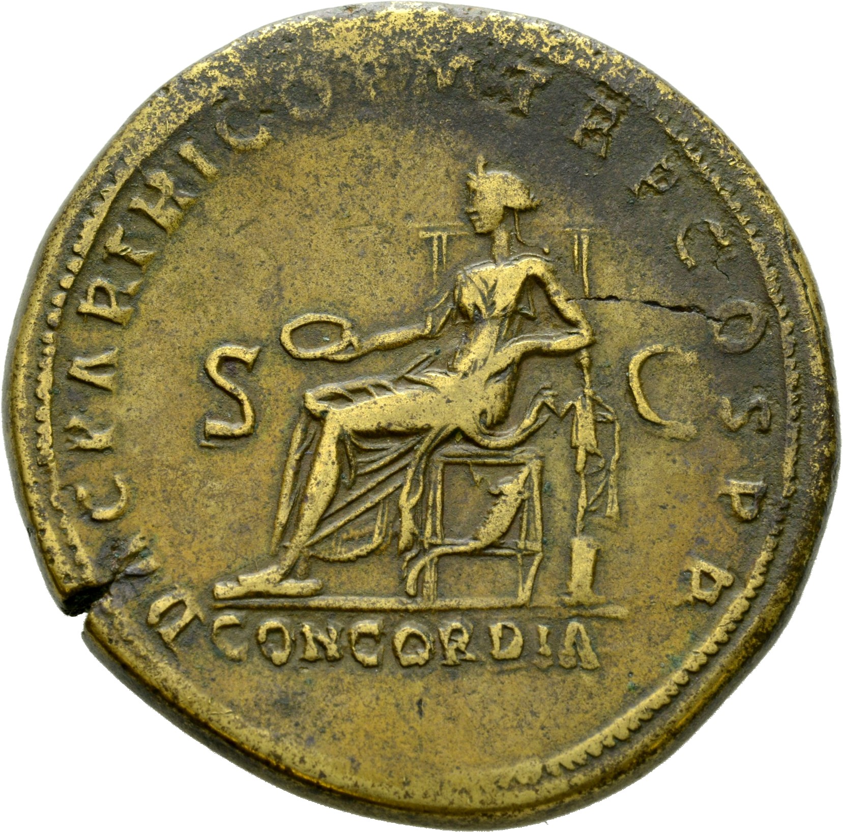 RIC II Hadrian 535A Hadrian reverse, Concordia sitzt nach l., hält Schale in ihrer r. Hand und stützt ihren l. Arm auf ein...