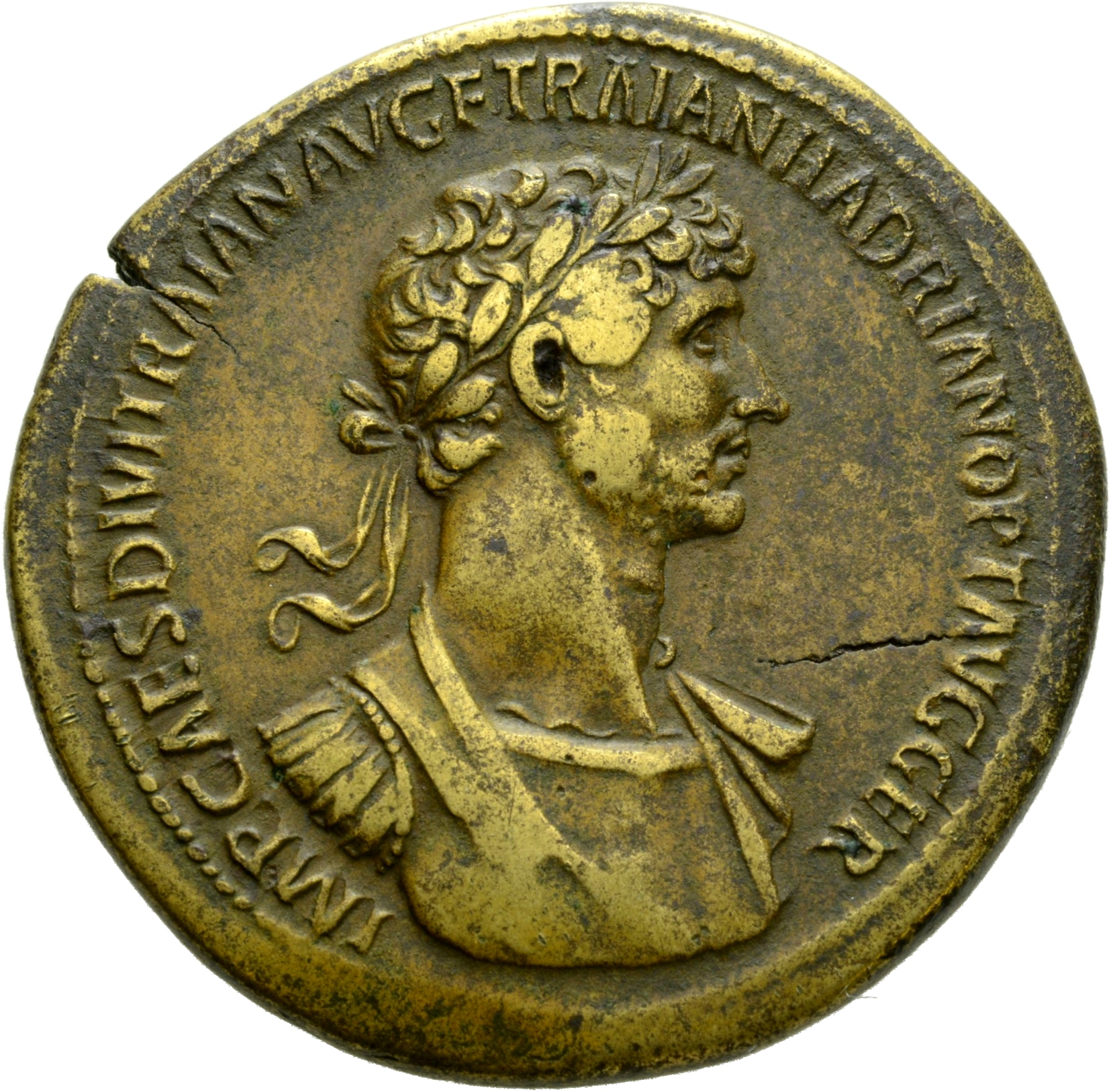 RIC II Hadrian 535A Hadrian obverse, Auf der l. Schulter drapierte Panzerbüste des Hadrianus mit Lorbeerkranz in der Brust...