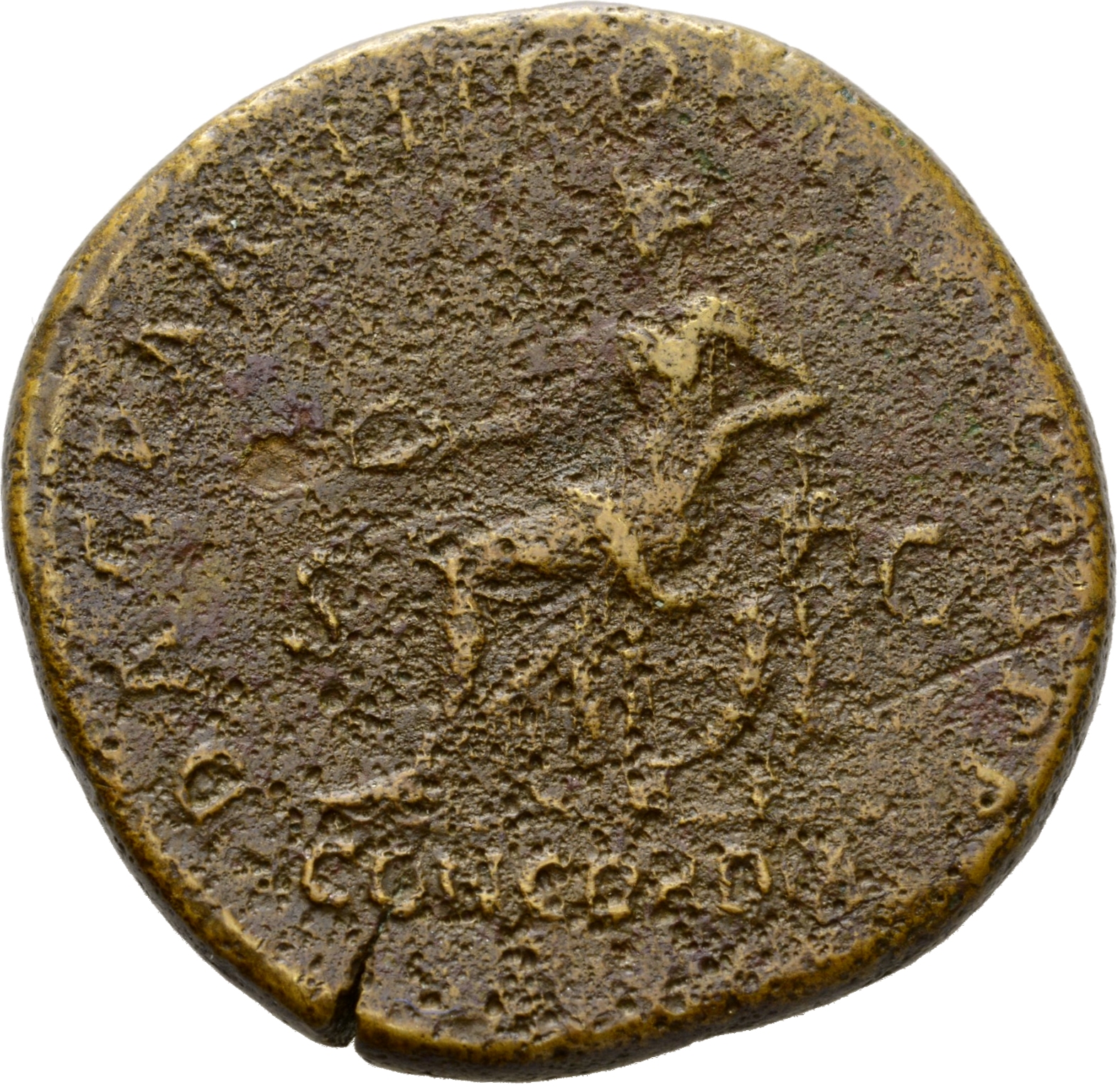 RIC II Hadrian 535B Hadrian reverse, Concordia sitzt nach l. Hält in der r. Hand Schale (patera). Lehnt l. Arm auf Statue ...