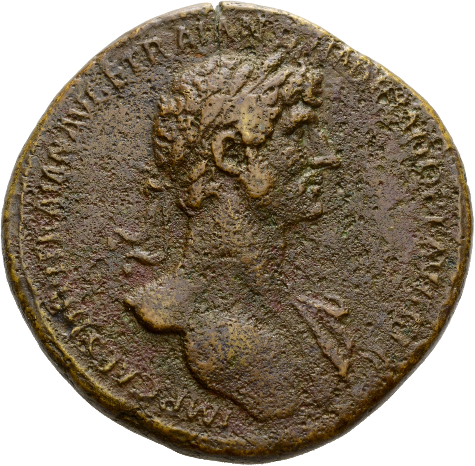 RIC II Hadrian 535B Hadrian obverse, Drapierte Büste des Hadrianus mit Lorbeerkranz in der Brustansicht nach r.