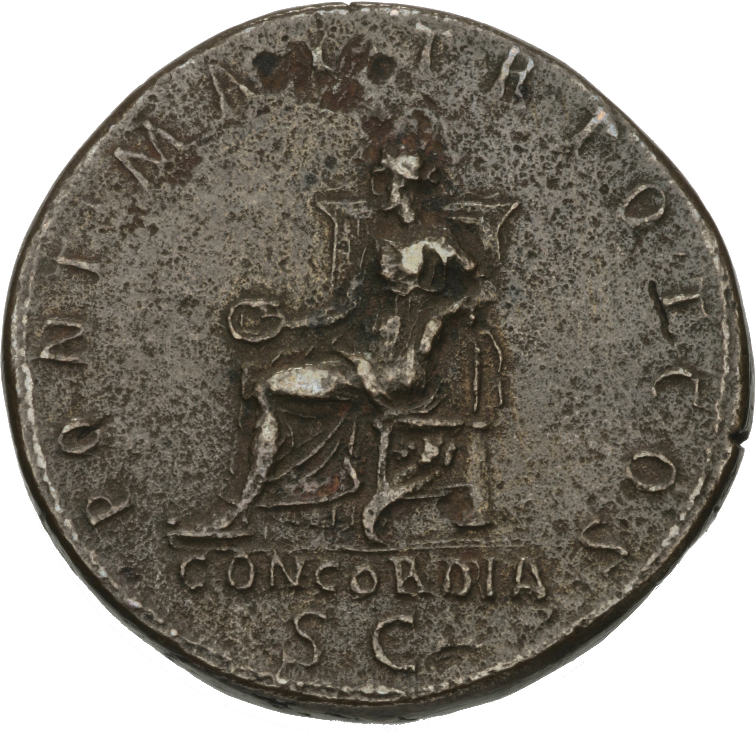 RIC II Hadrian 540 Hadrian reverse, Concordia mit Schale (patera) nach links thronend, Ellenbogen auf Statuette der Spes g...