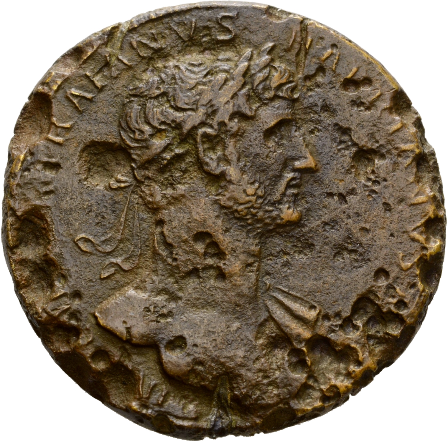 RIC II Hadrian 551A Hadrian obverse, Drapierte Büste des Hadrianus mit Lorbeerkranz in der Brustansicht nach r.