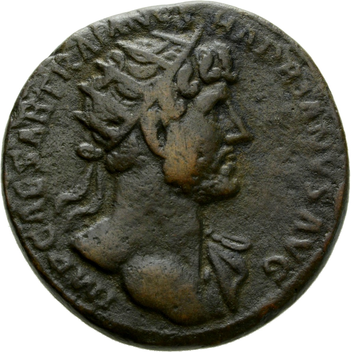 RIC II Hadrian 554 Hadrian obverse, Drapierte Büste des Hadrianus mit Strahlenkrone in der Brustansicht nach r.
